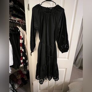 J. Crew Black Eyelet Midi Dress with Tie Waist